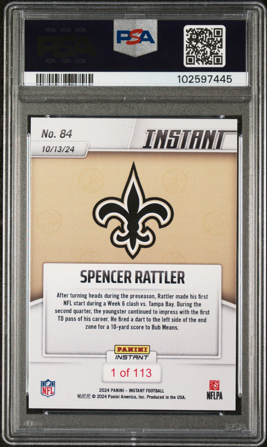 Graded 2024 Panini Instant NFL Spencer Rattler #84 Rookie RC Football Card PSA 9 Mint