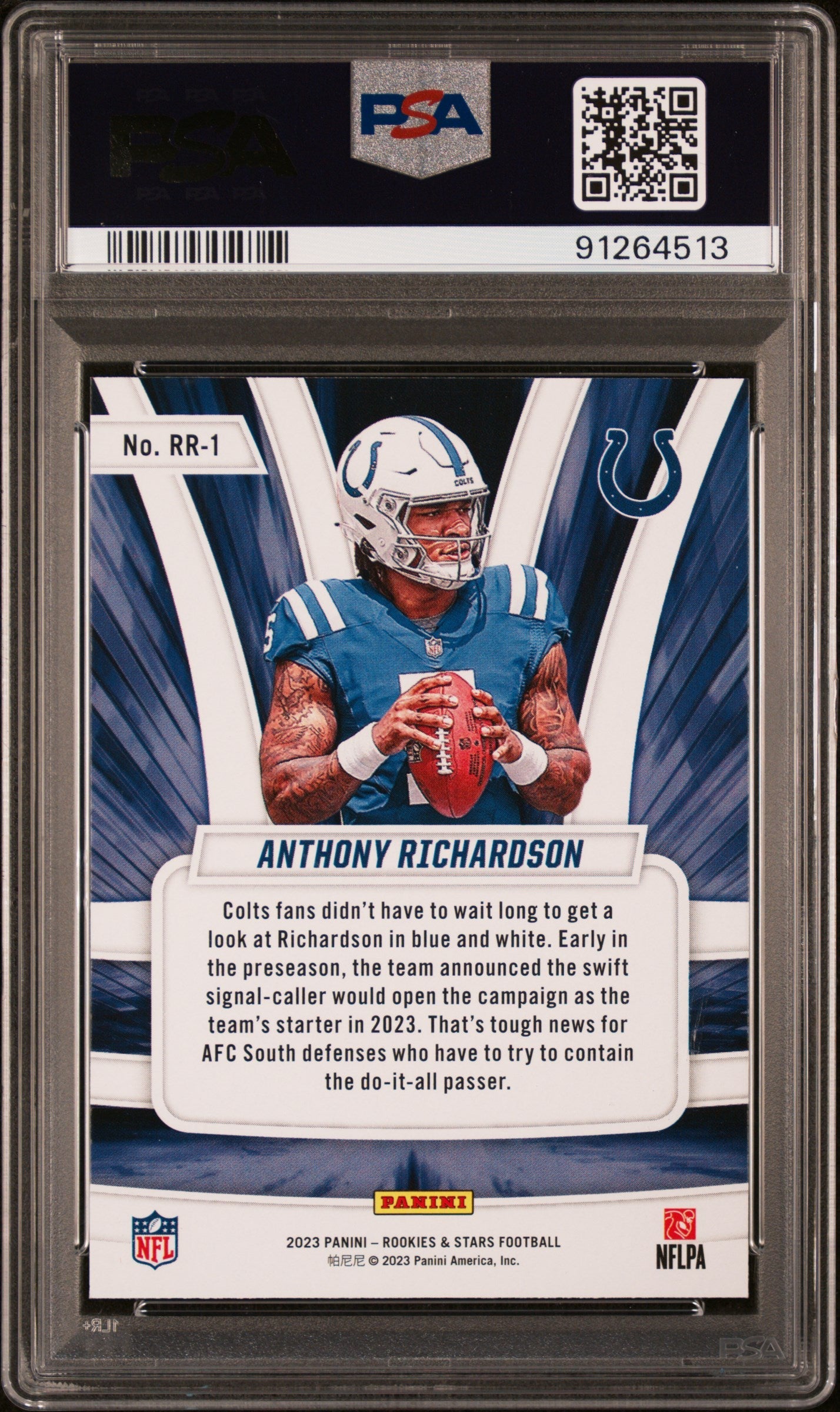 Graded 2023 Panini Rookies & Stars Anthony Richardson #RR1 Rookie Rush Rookie RC Football Card PSA 10 Gem Mint