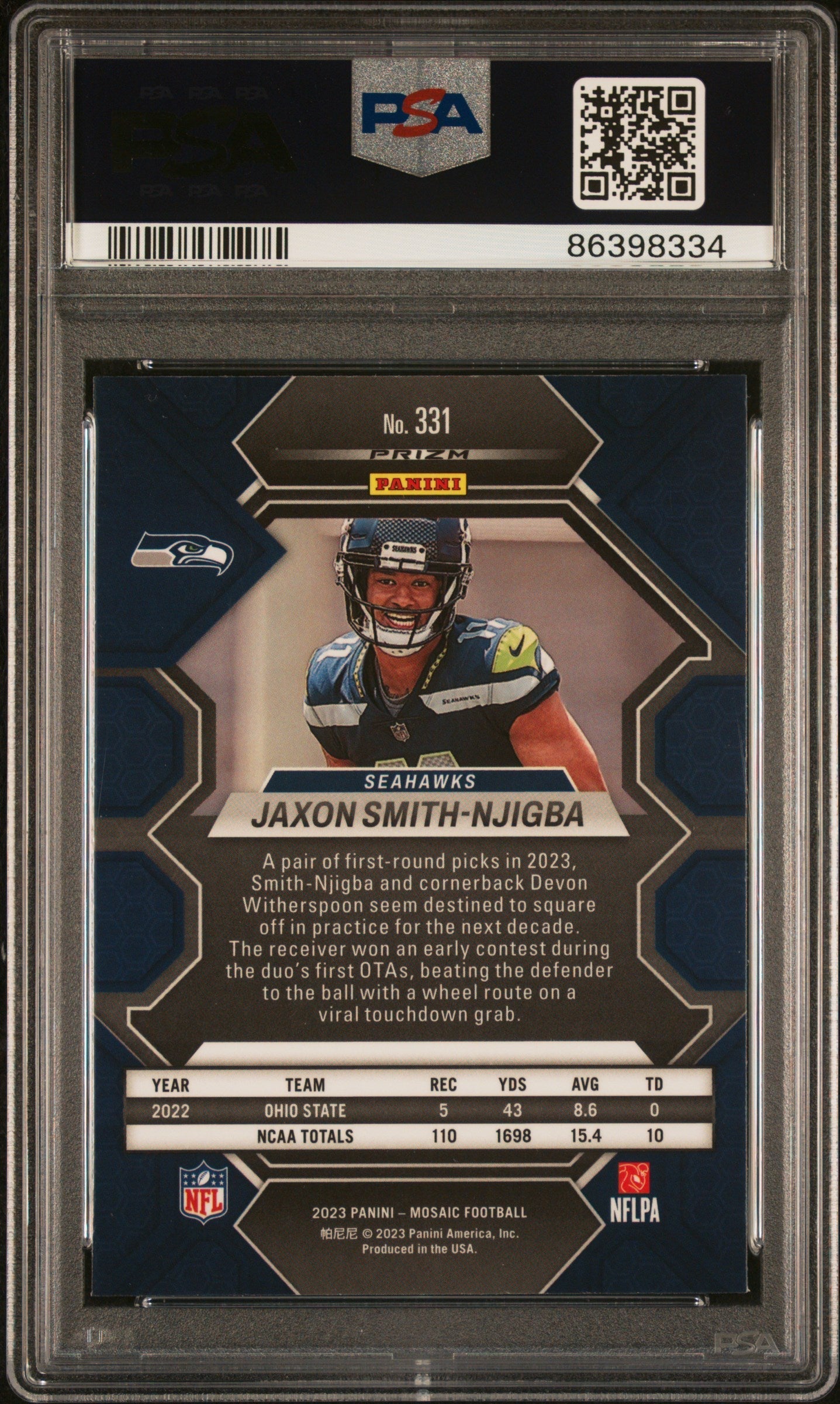 Graded 2023 Panini Mosaic Jaxon Smith-Njigba #331 Reactive Blue Rookie RC Football Card PSA 10 Gem Mint