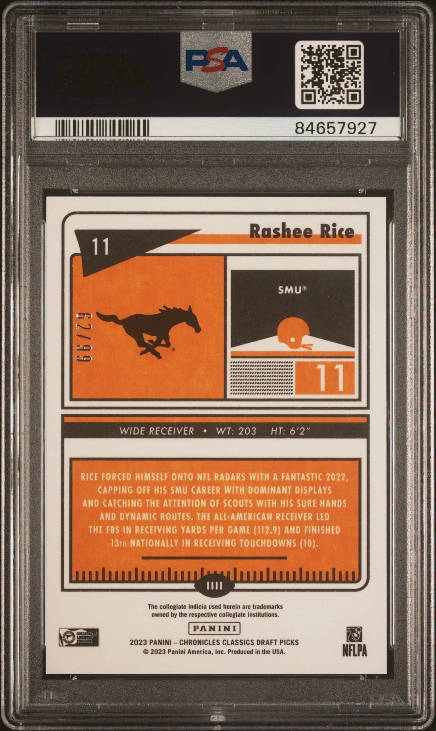 Graded 2023 Panini Chronicles DP Rashee Rice #11 Classics Premium Edition Blue #/99 Rookie RC Football Card PSA 10 Gem Mint