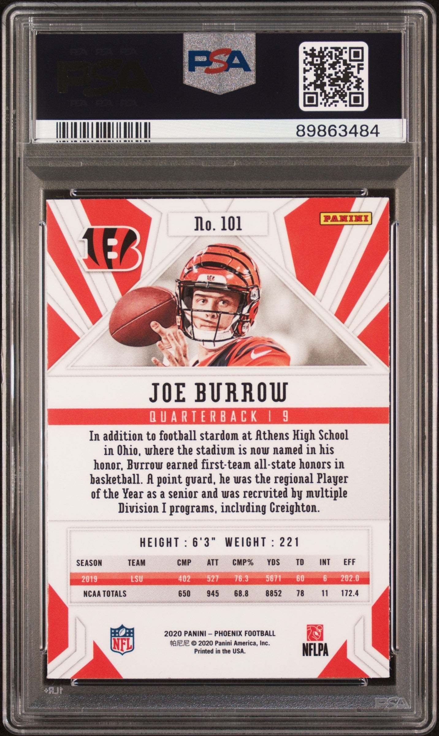 Graded 2020 Panini Phoenix Joe Burrow #101 Fire Burst Rookie RC Football Card PSA 10 Gem Mint