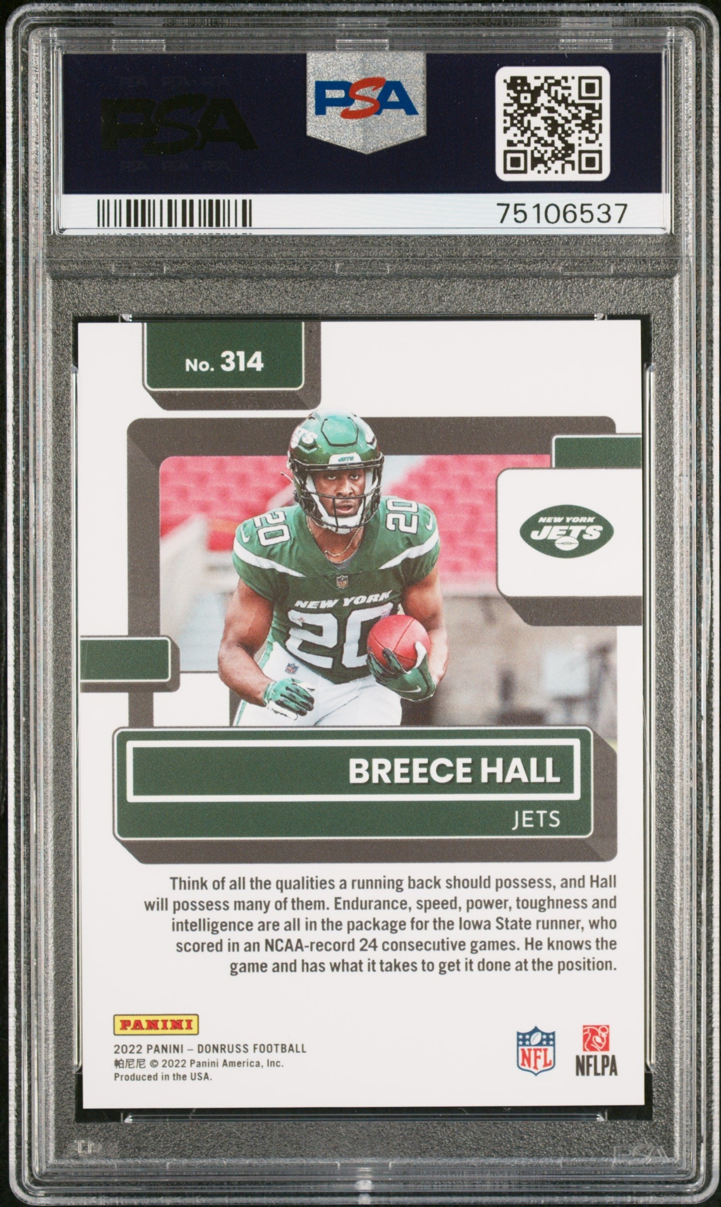 Graded 2022 Panini Donruss Breece Hall #314 Press Proof Premium Rookie RC Football Card PSA 10 Gem Mint