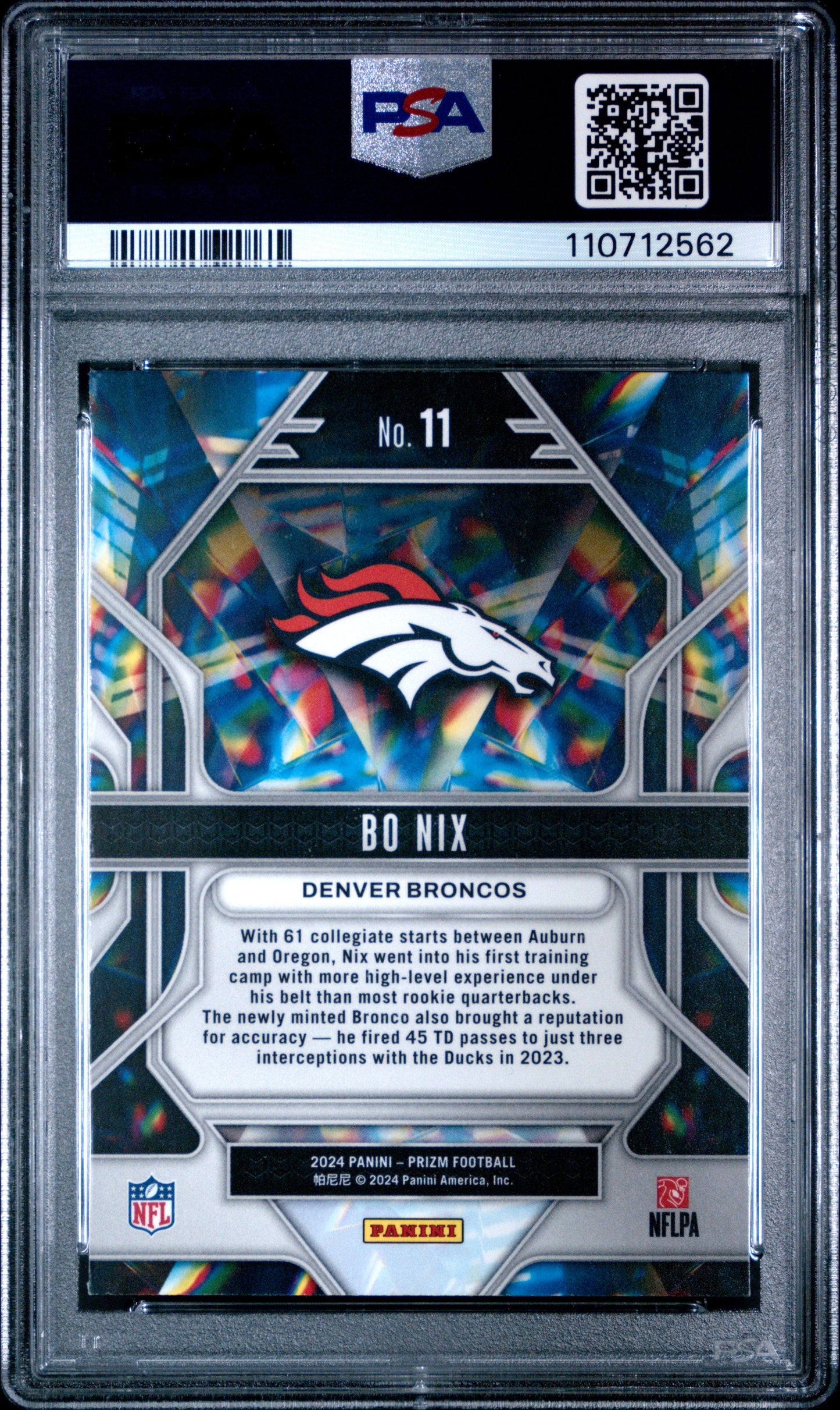 Graded 2024 Panini Prizm Bo Nix #11 Prizmatic Rookie RC Football Card PSA 10 Gem Mint