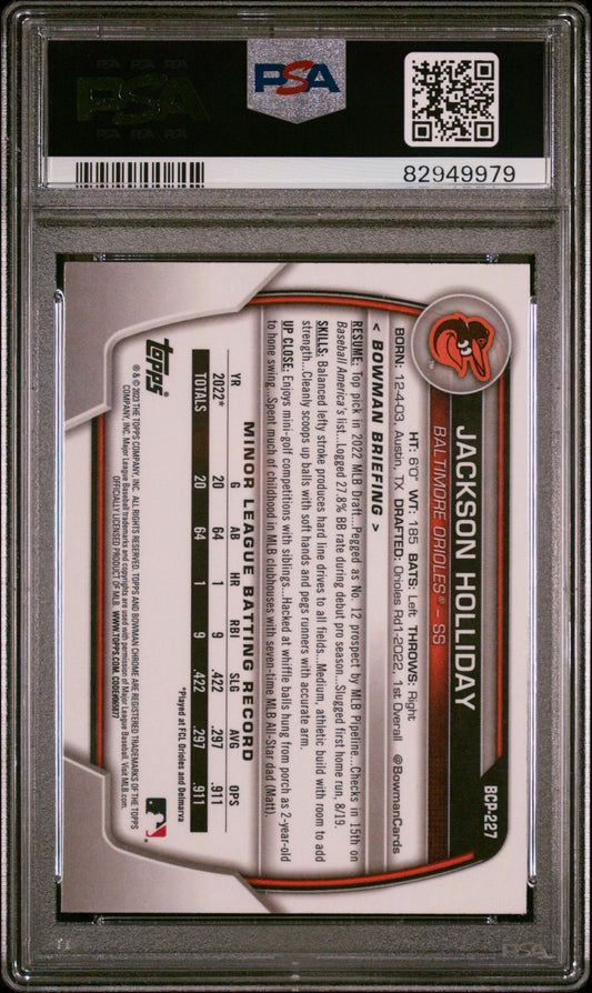 Graded 2023 Topps Bowman Chrome Jackson Holliday #BCP227 Prospects Rookie RC Baseball Card PSA 10 Gem Mint