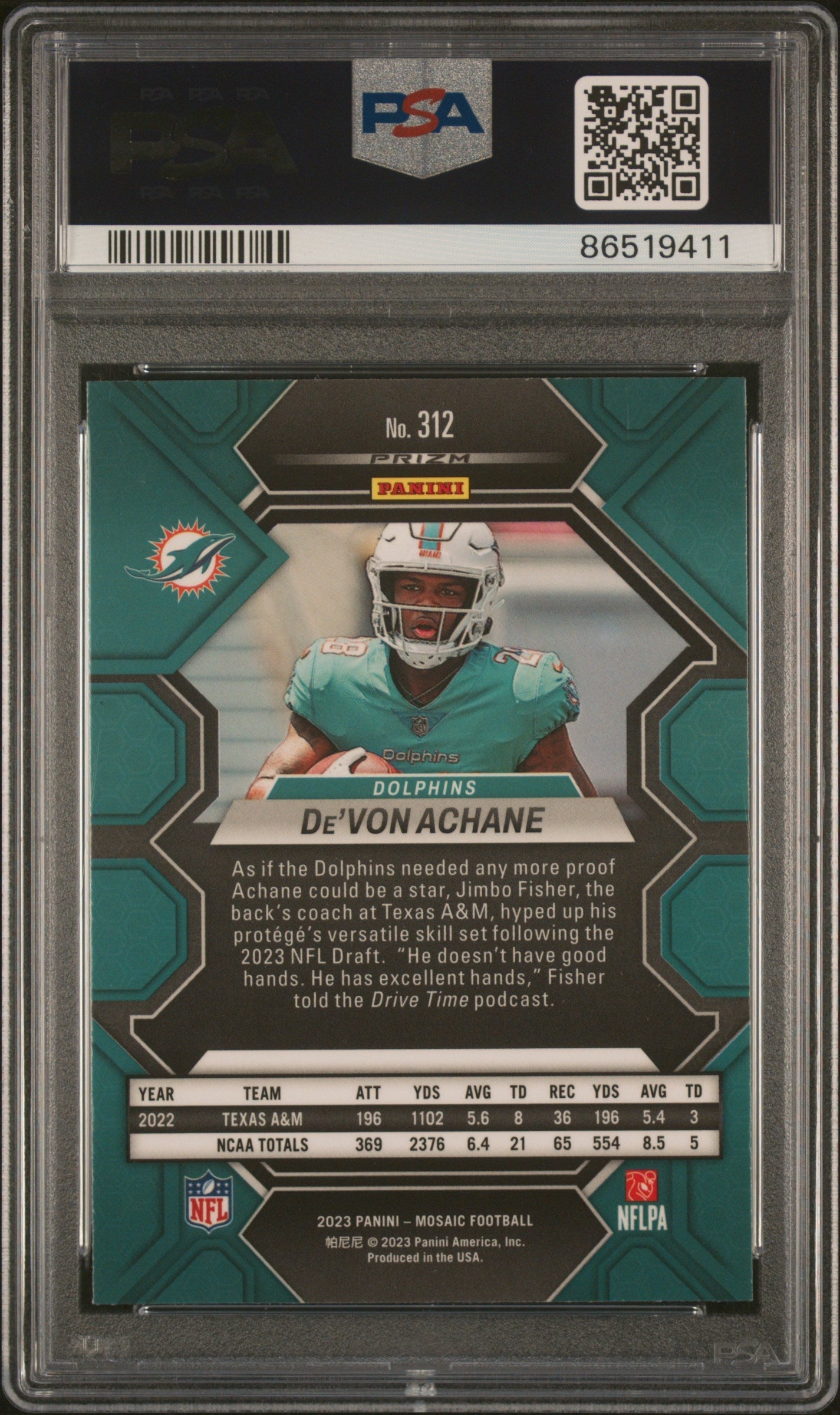 Graded 2023 Panini Mosaic Devon Achane #312 Rookie RC Football Card PSA 10 Gem Mint