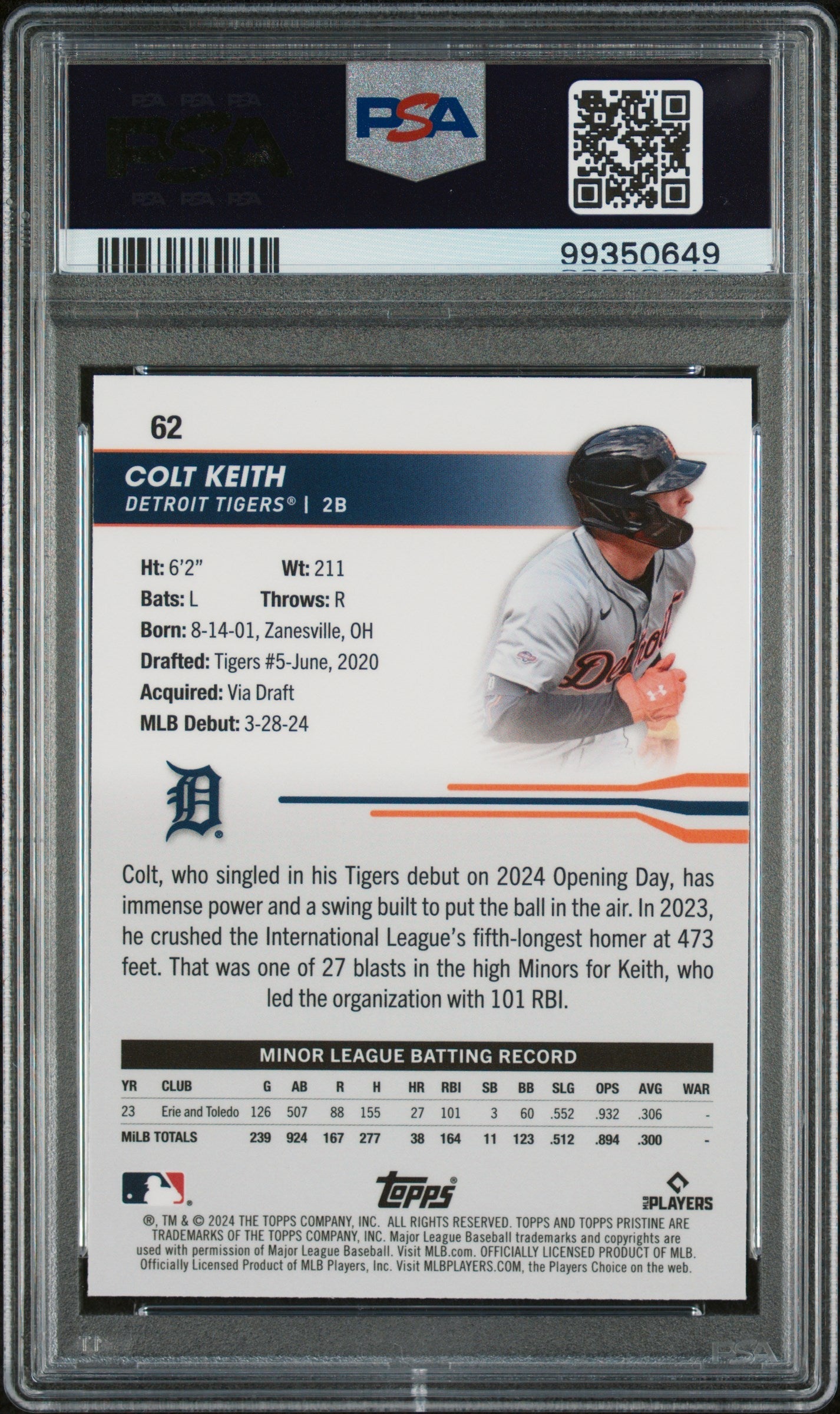 Graded 2024 Topps Pristine Colt Keith #62 Rookie RC Baseball Card PSA 10 Gem Mint