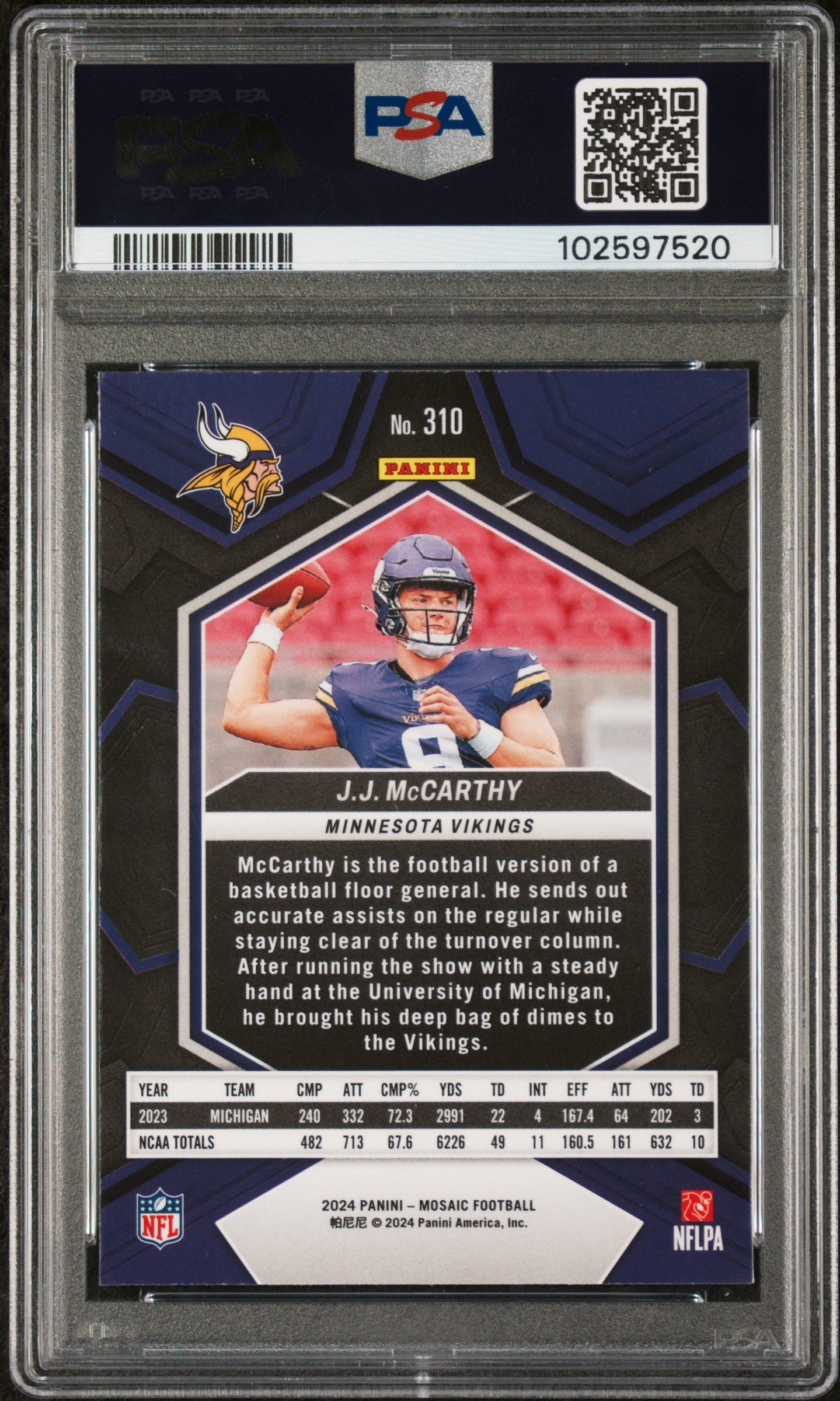Graded 2024 Panini Mosaic JJ McCarthy #310 Rookie RC Football Card PSA 9 Mint