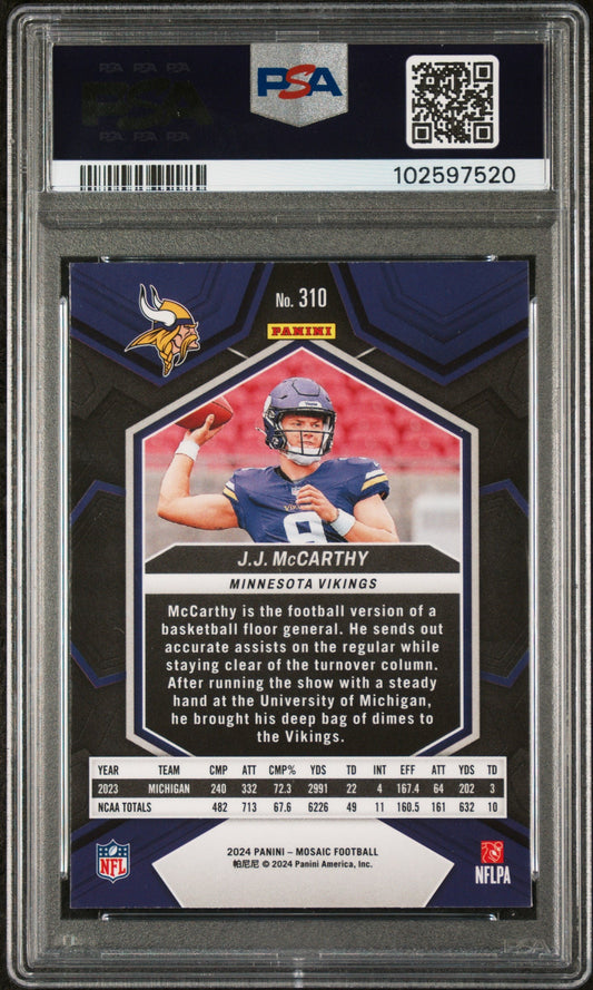 Graded 2024 Panini Mosaic JJ McCarthy #310 Rookie RC Football Card PSA 9 Mint