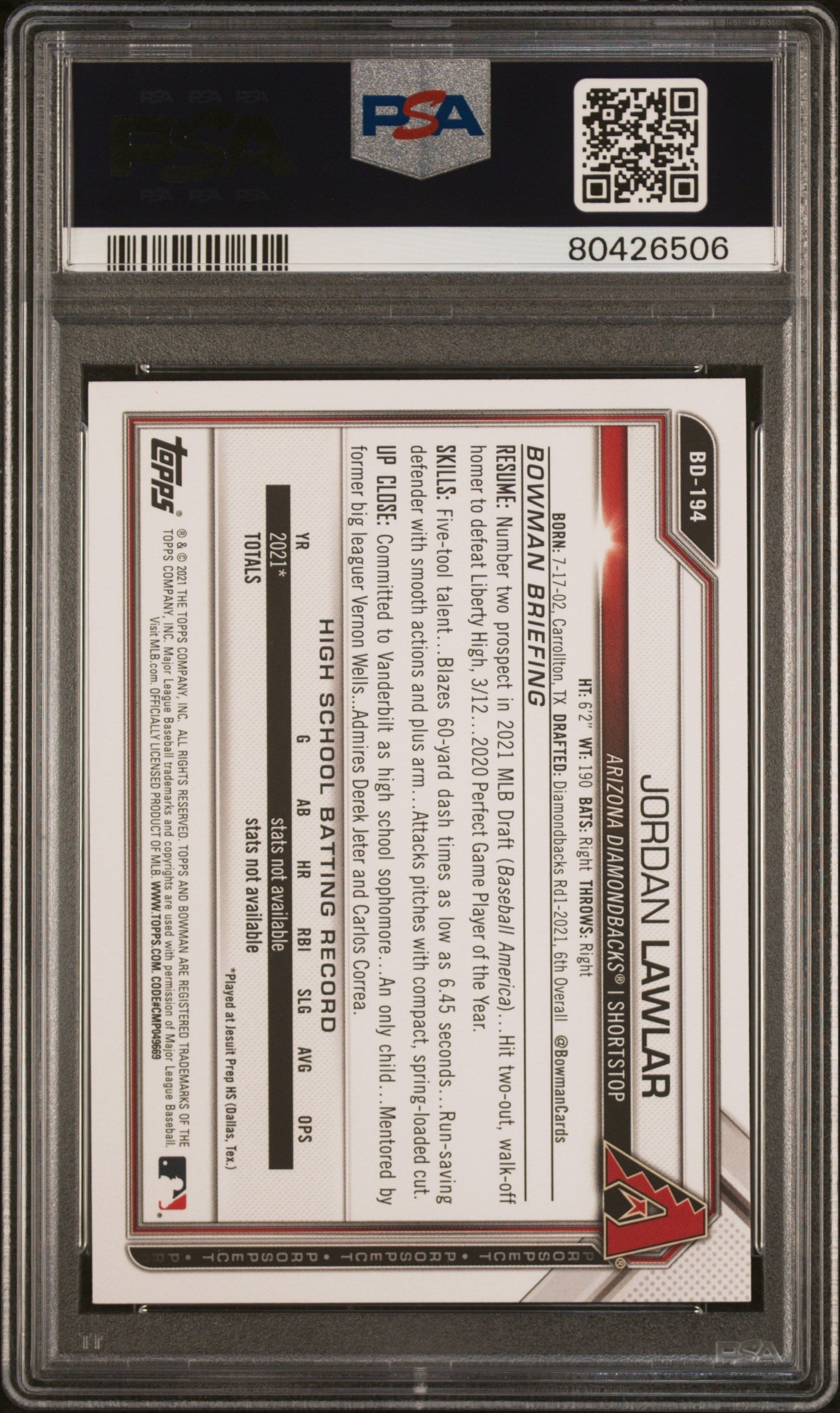 Graded 2021 Topps Bowman Draft Jordan Lawler #BD194 Rookie RC Baseball Card PSA 10 Gem Mint