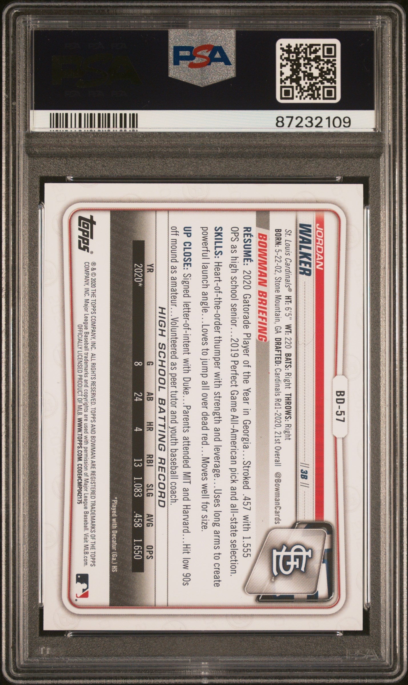 Graded 2020 Topps Bowman Draft Jordan Walker #BD57 Rookie RC Baseball Card PSA 10 Gem Mint
