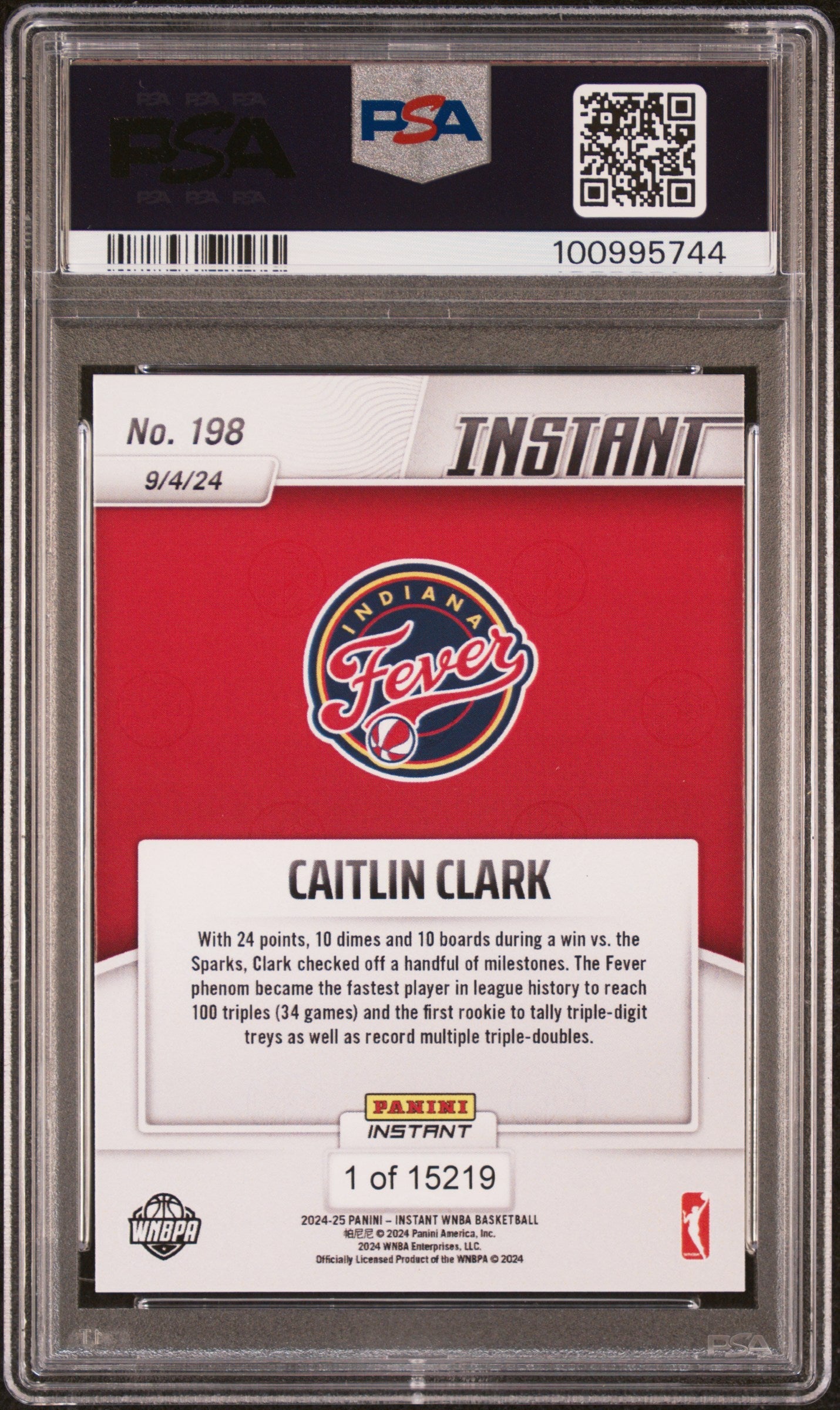 Graded 2024 Panini Instant WNBA Caitlin Clark #198 Rookie RC Basketball Card PSA 9 Mint