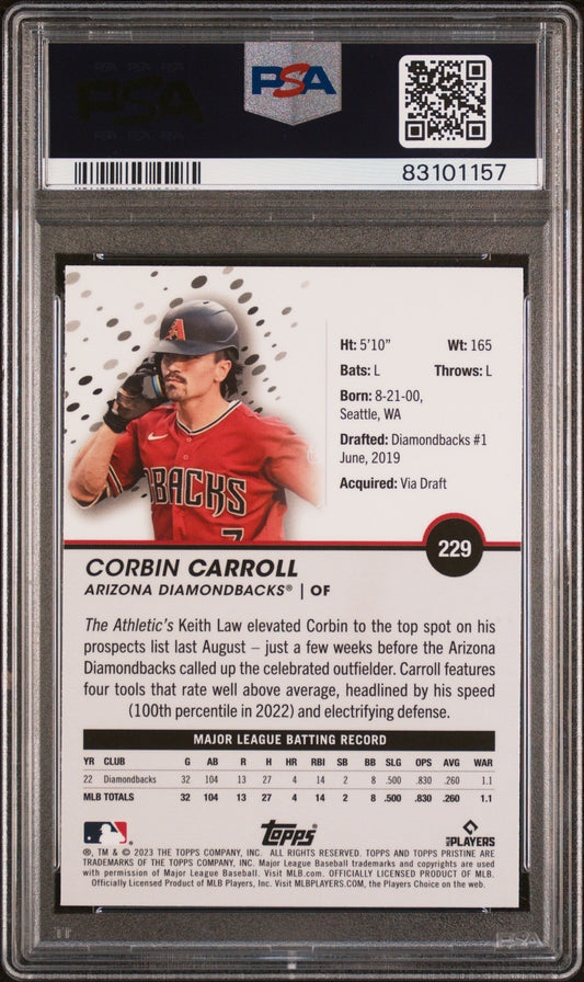 Graded 2023 Topps Pristine Corbin Carroll #229 Rookie RC Baseball Card PSA 10 Gem Mint