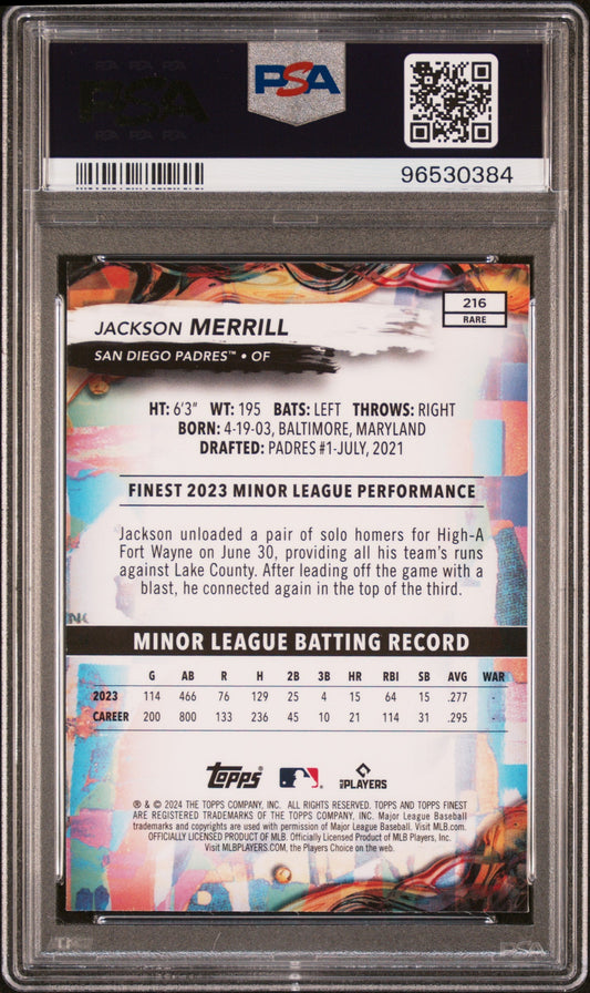 Graded 2024 Topps Finest Jackson Merrill #216 Rookie RC Baseball Card PSA 10 Gem Mint