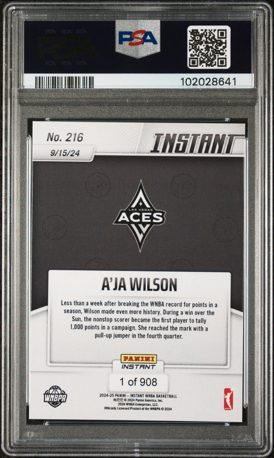Graded 2024 Panini Instant WNBA A'ja Wilson #216 Basketball Card PSA 10 Gem Mint