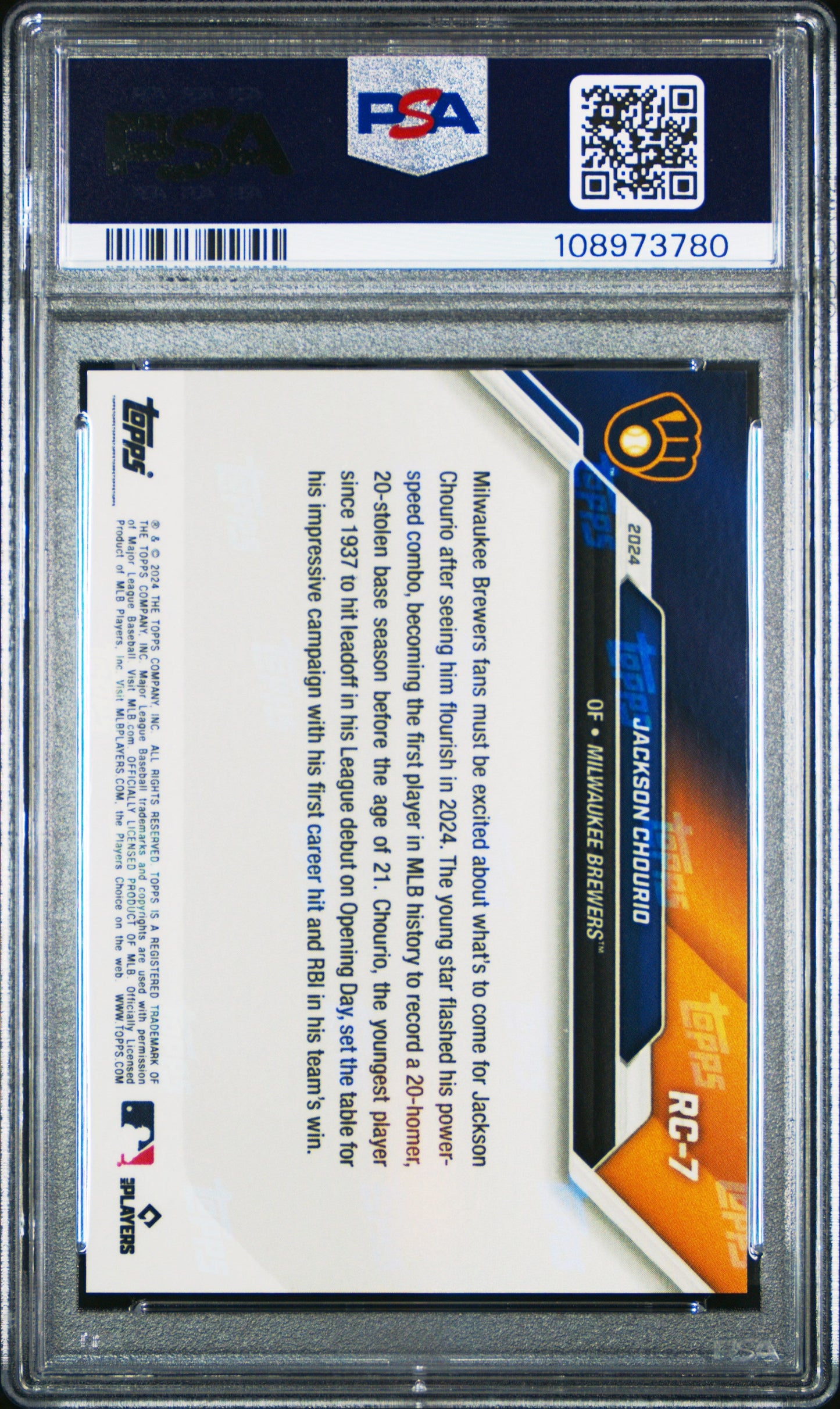 Graded 2024 Topps Now Jackson Chourio #RC7 Rookie Cup Team Set Pearl Rookie RC Baseball Card PSA 10 Gem Mint