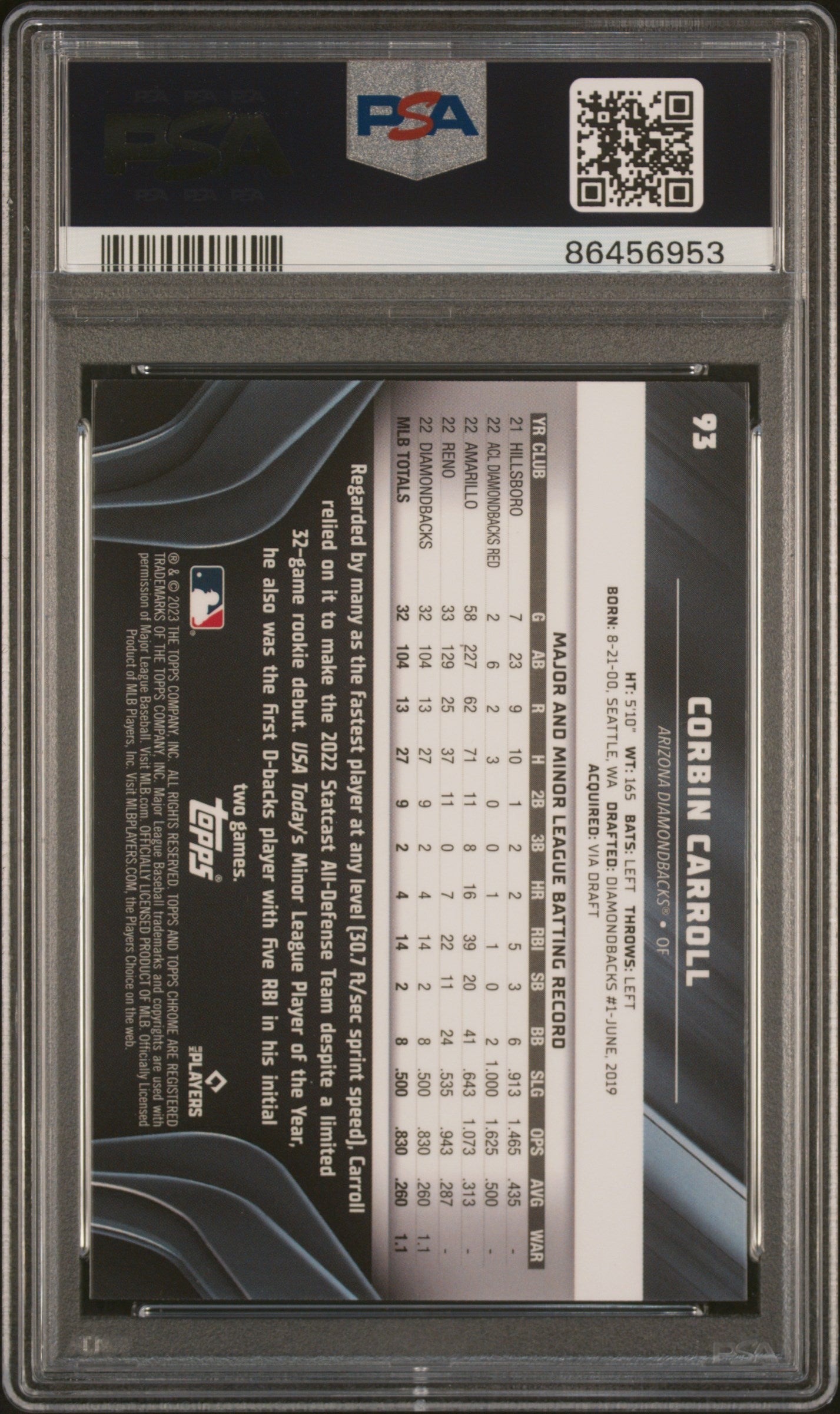 Graded 2023 Topps Chrome Black Corbin Carroll #93 Rookie RC Baseball Card PSA 10 Gem Mint