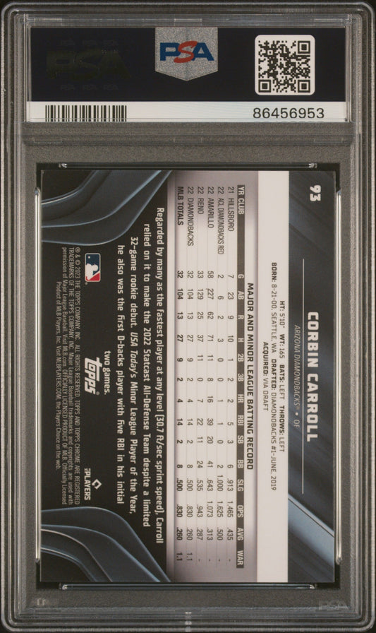 Graded 2023 Topps Chrome Black Corbin Carroll #93 Rookie RC Baseball Card PSA 10 Gem Mint