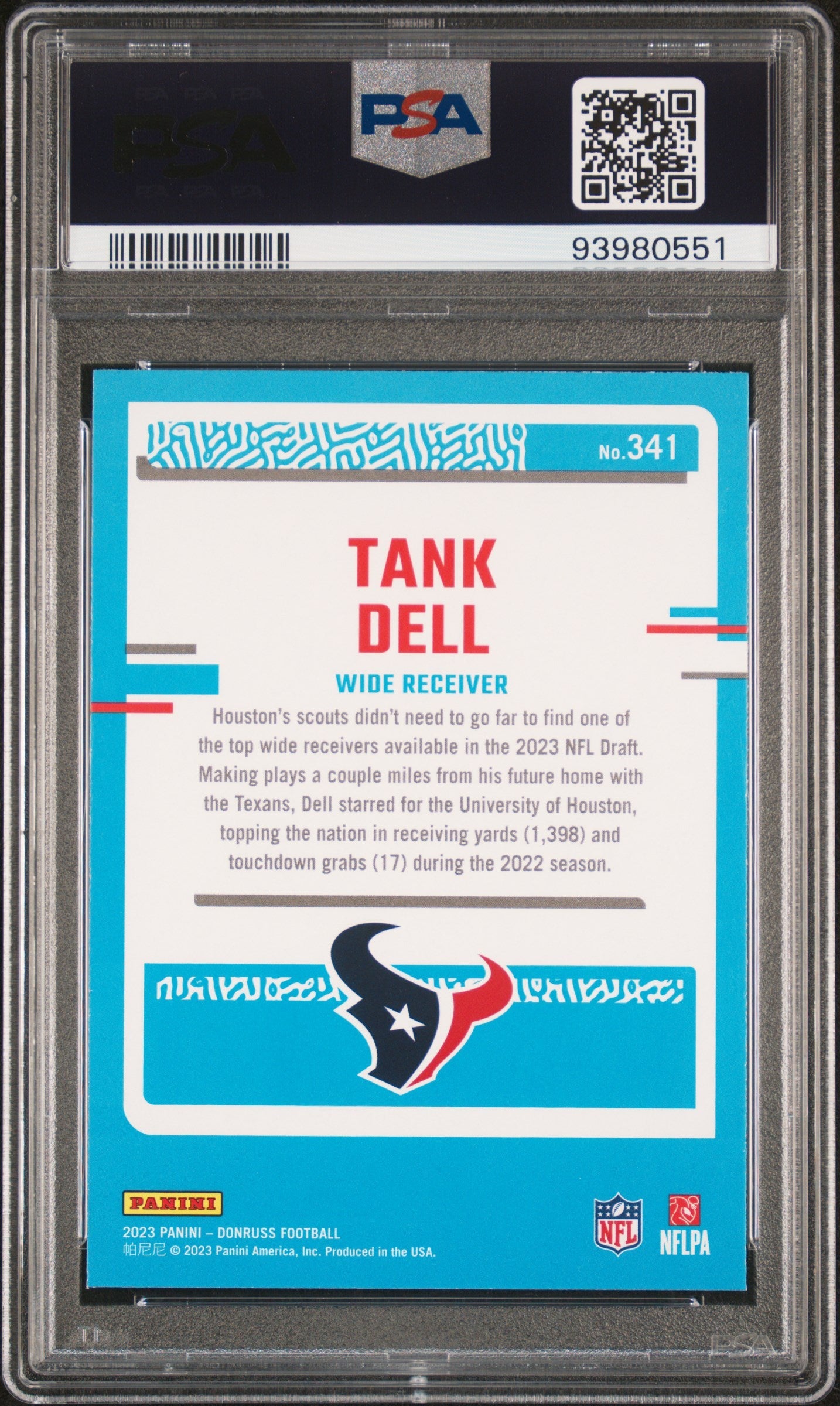Graded 2023 Panini Donruss Tank Dell #341 Press Proof Red Rookie RC Football Card PSA 10 Gem Mint