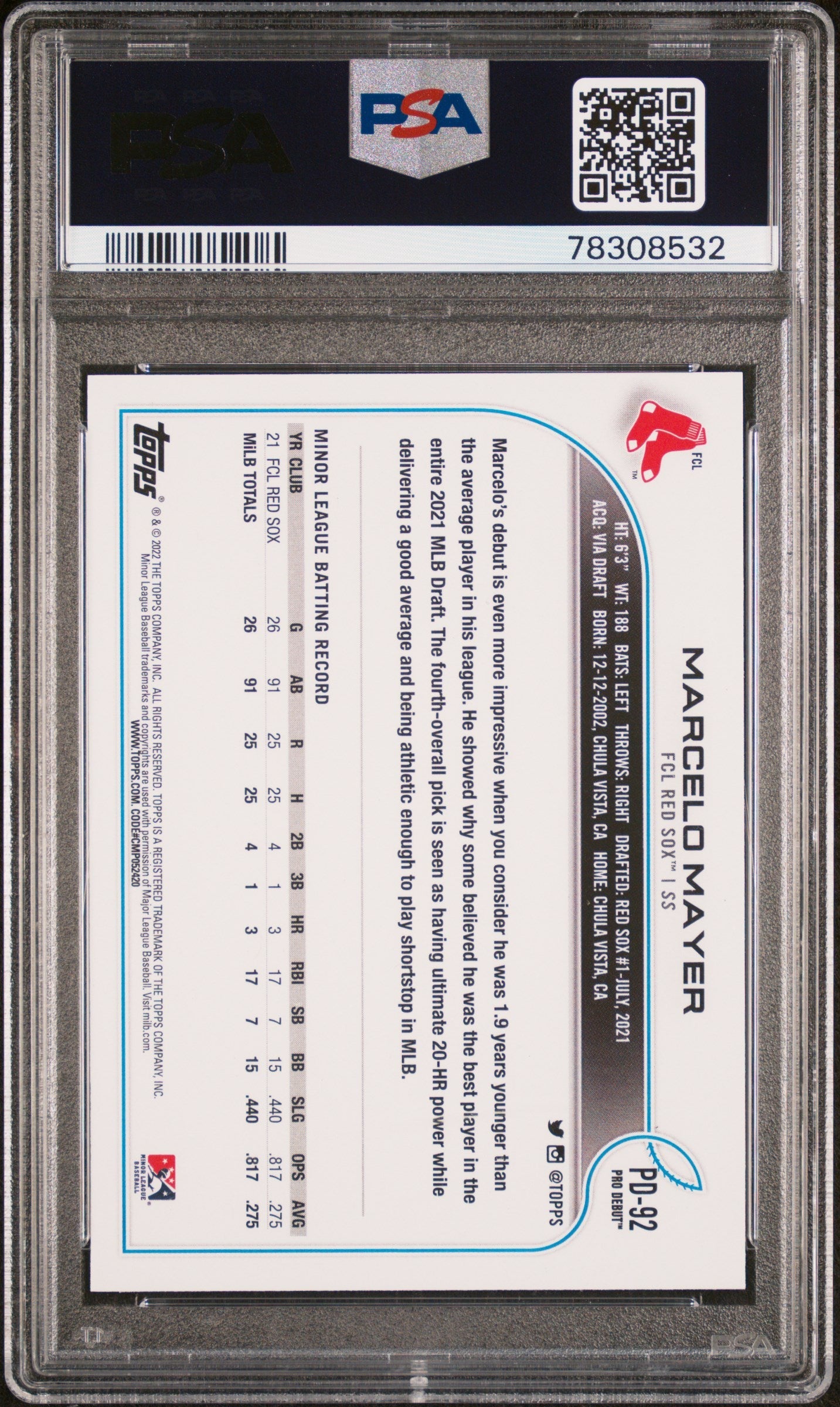 Graded 2022 Topps Pro Debut Marcelo Mayer #PD92 Rookie RC Baseball Card PSA 10 Gem Mint