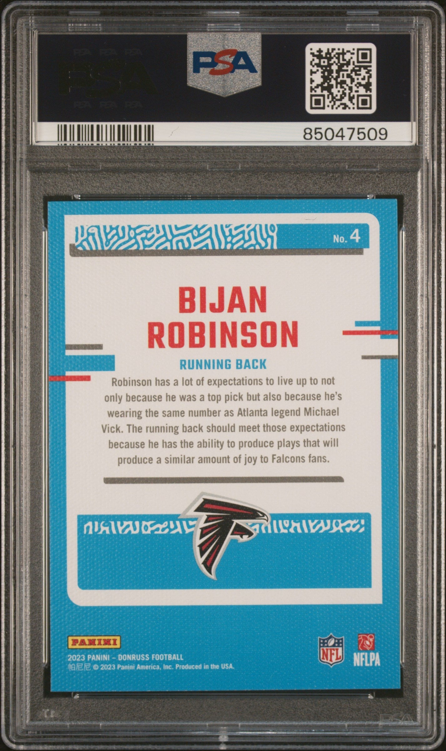 Graded 2023 Panini Donruss Bijan Robinson #4 Rated Rookies Portrait Rookie RC Football Card PSA 10 Gem Mint
