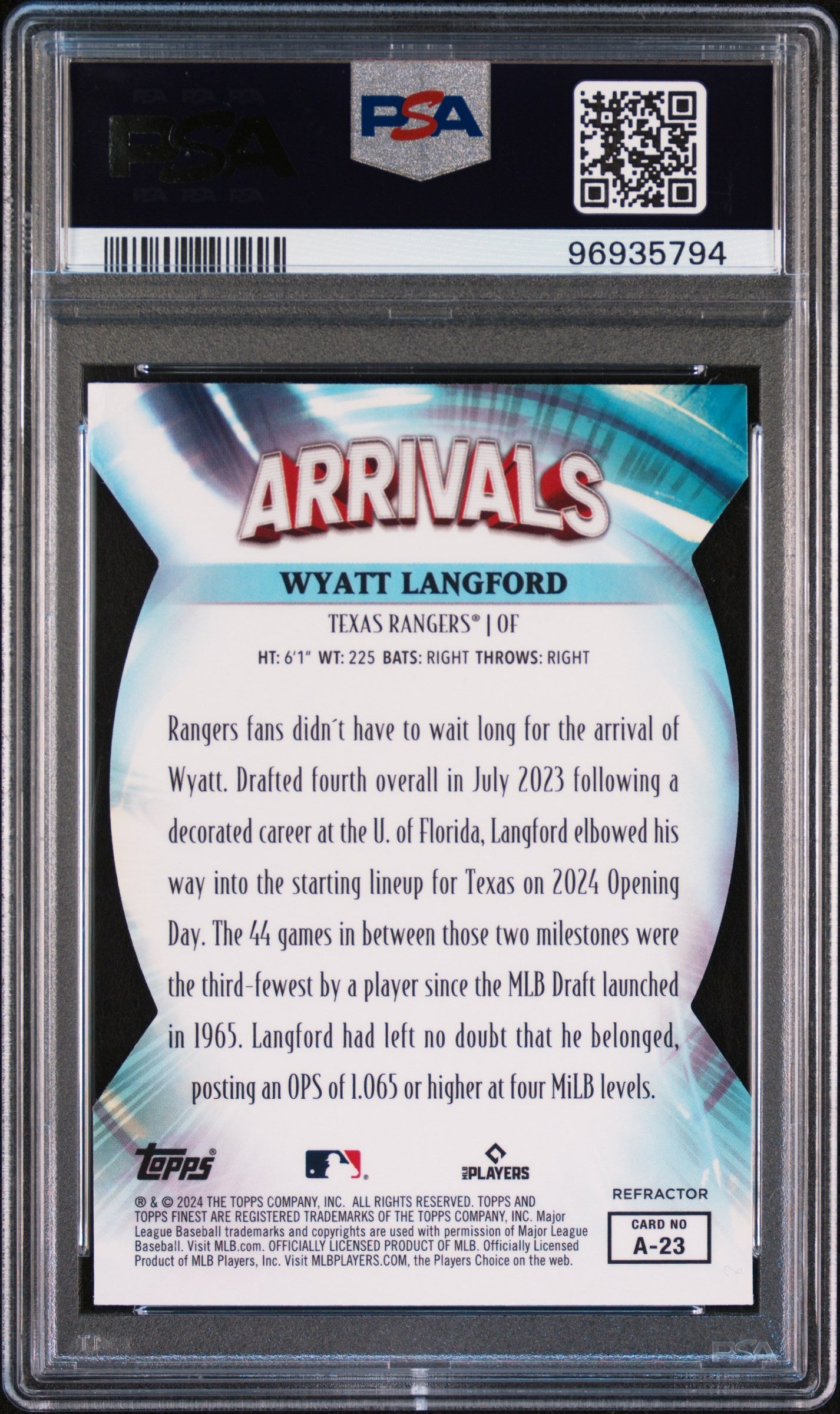 Graded 2024 Topps Finest Wyatt Langford #A23 Arrivals Refractor Rookie RC Baseball Card PSA 10 Gem Mint