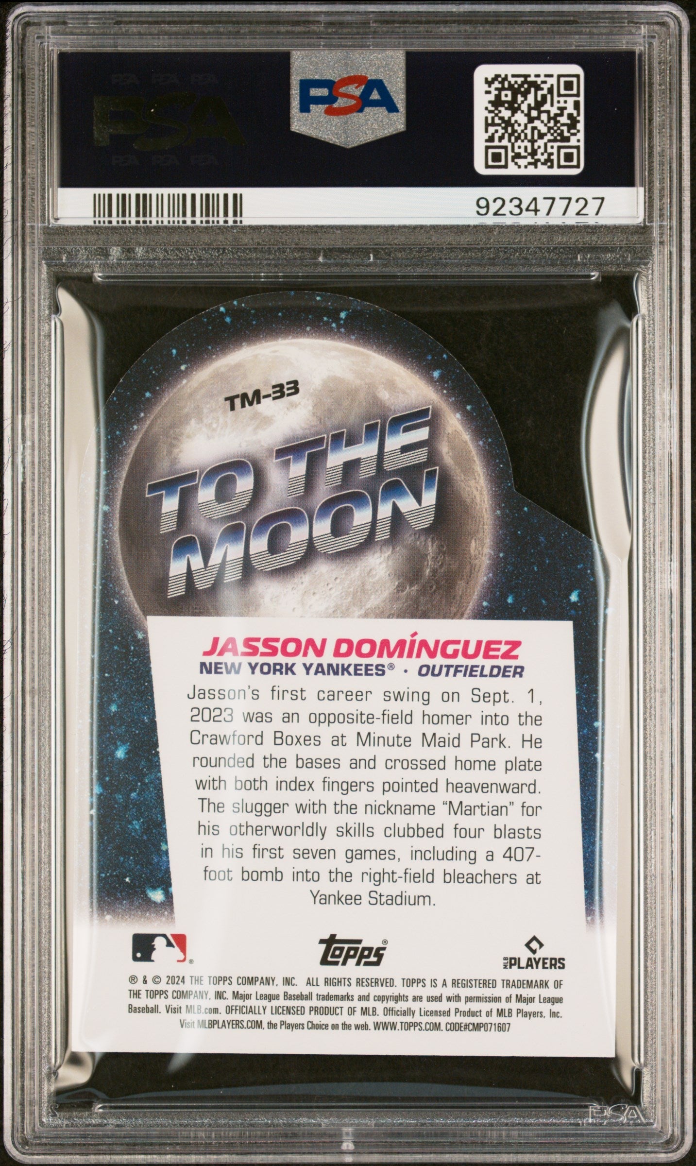 Graded 2024 Topps Big League Jasson Dominguez #TM33 To The Moon Die Cut Rookie RC Baseball Card PSA 10 Gem Mint