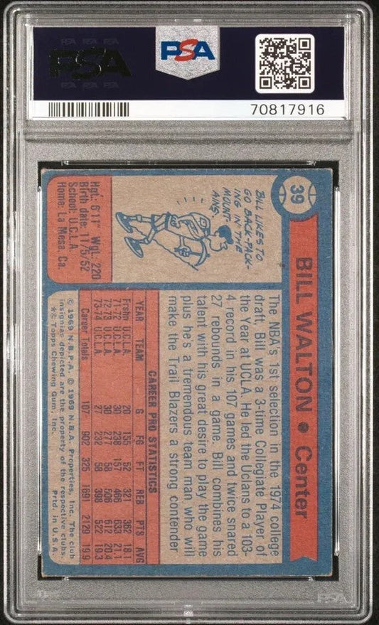 Graded 1974 Topps Bill Walton #39 Rookie RC Basketball Card PSA 3.5 Very Good +