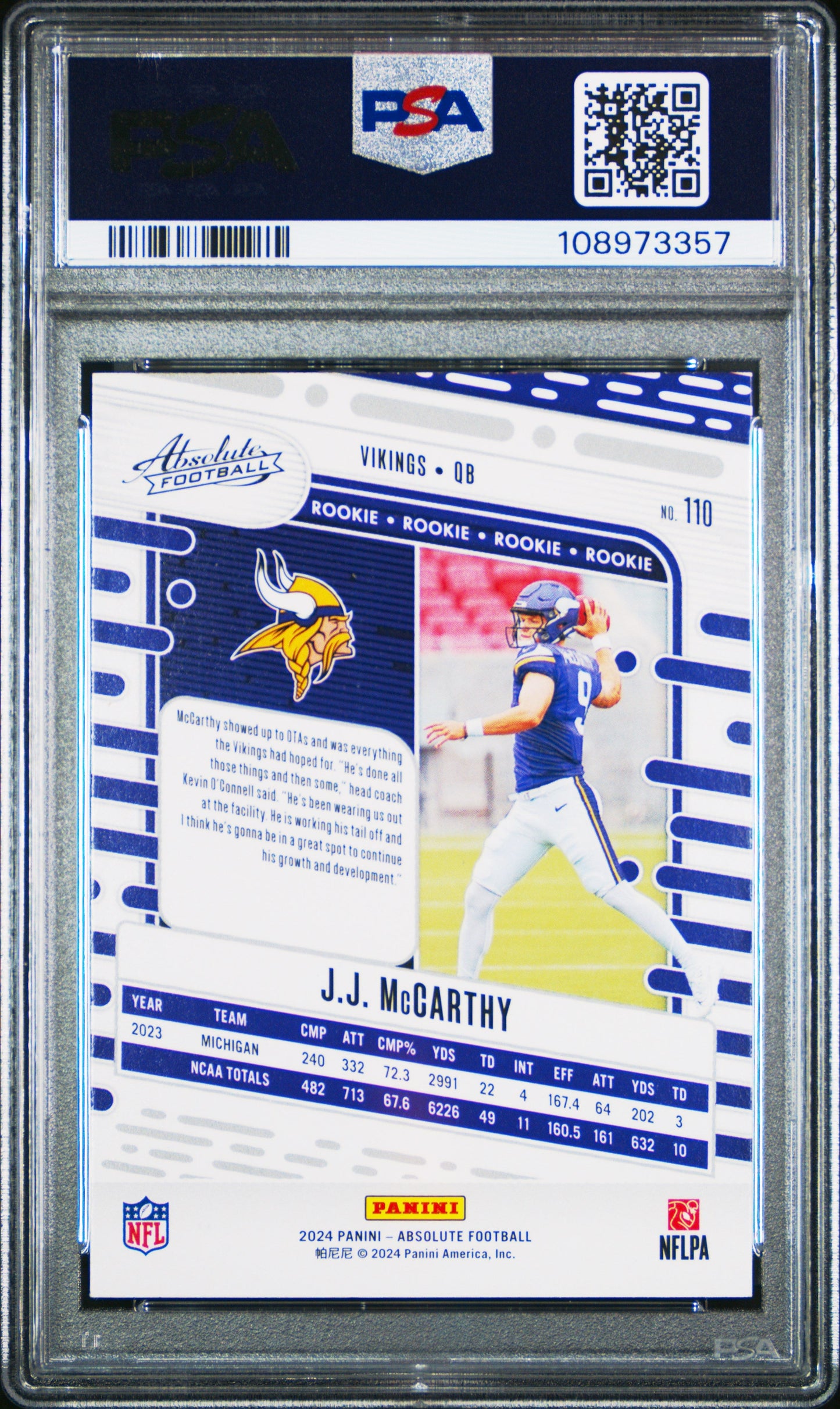 Graded 2024 Panini Absolute JJ McCarthy #110 Black Rookie RC Football Card PSA 10 Gem Mint