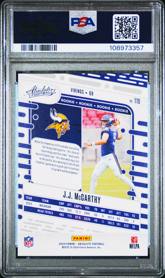 Graded 2024 Panini Absolute JJ McCarthy #110 Black Rookie RC Football Card PSA 10 Gem Mint