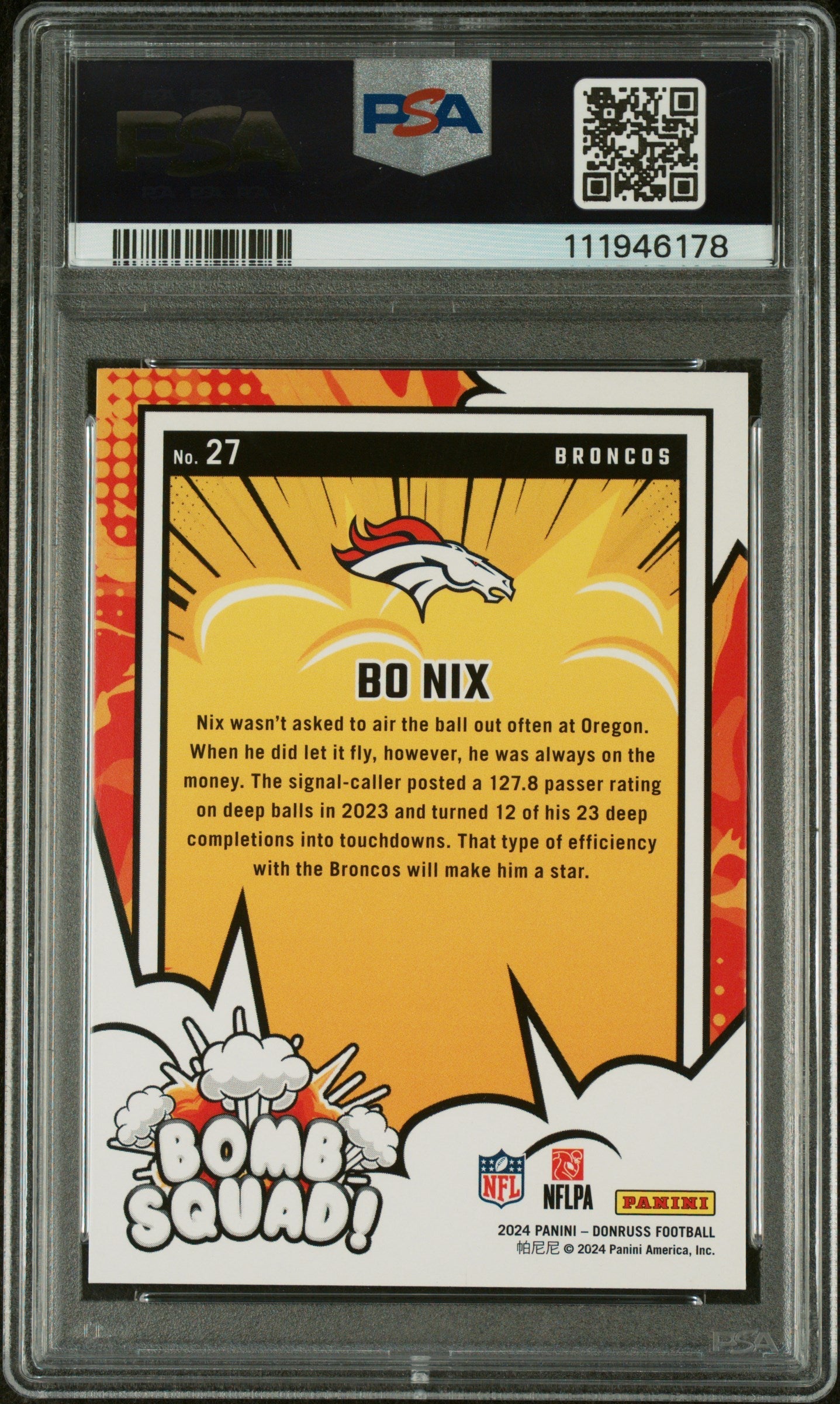 Graded 2024 Panini Donruss Bo Nix #27 Bomb Squad Rookie RC Football Card PSA 10 Gem Mint