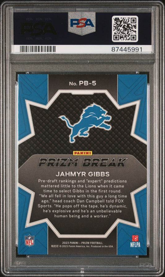 Graded 2023 Panini Prizm Jahmyr Gibbs #PB5 Prizm Break Rookie RC Football Card PSA 9 Mint
