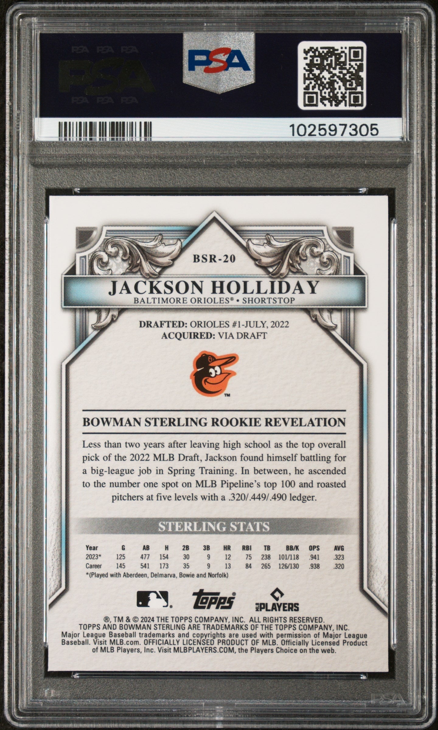 Graded 2024 Topps Bowman Sterling Jackson Holliday #BSR20 Rookies Rookie RC Baseball Card PSA 8 Near Mint