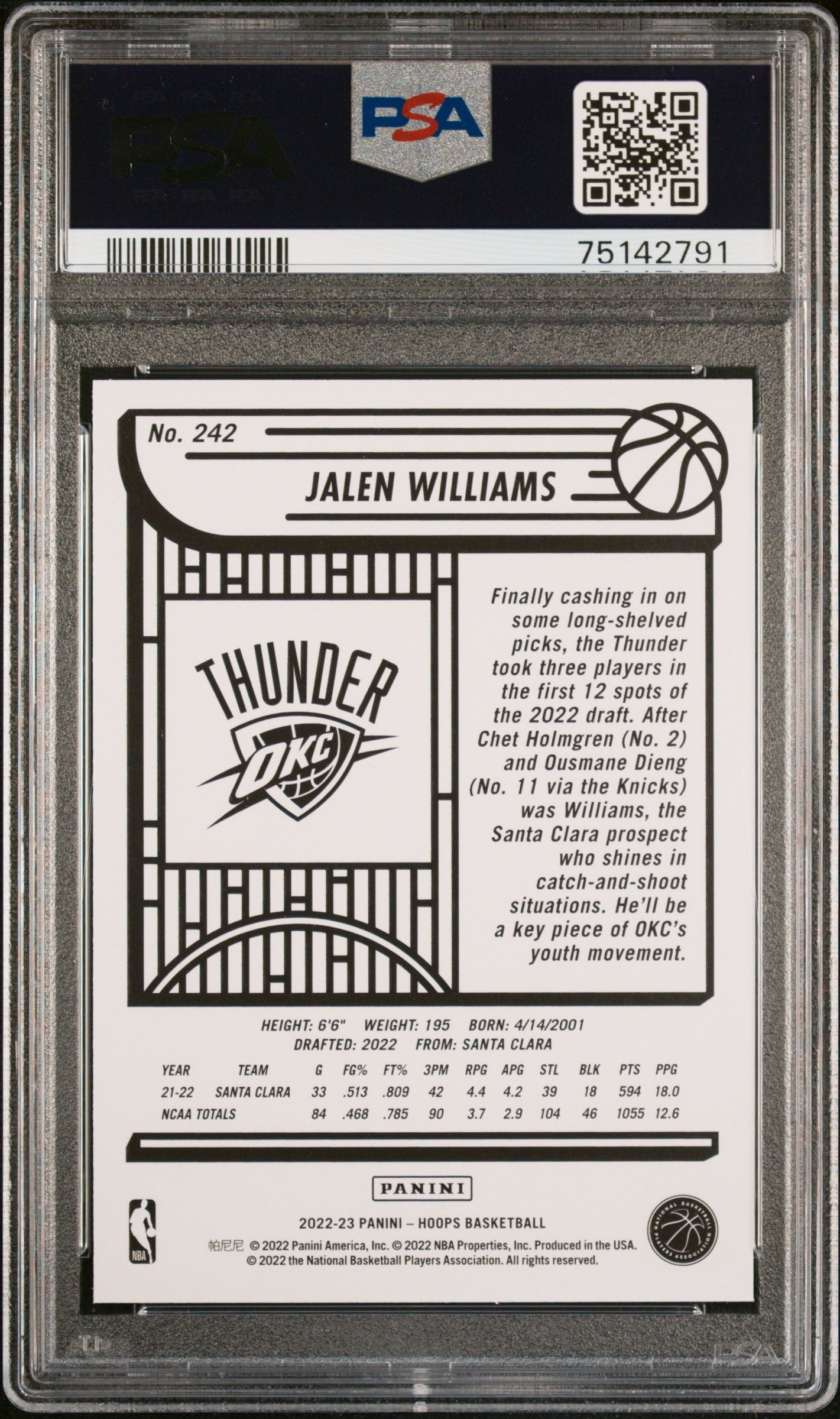 Graded 2022 Panini NBA Hoops Jalen Williams #242 Rookie RC Basketball Card PSA 10 Gem Mint