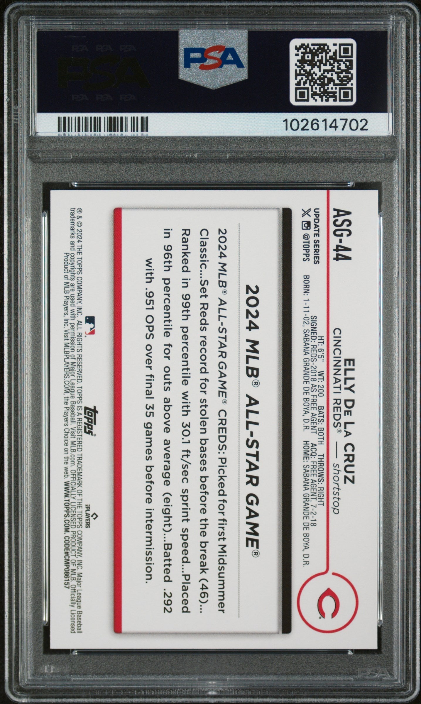 Graded 2024 Topps Update Elly De La Cruz #ASG44 All Star Game Rookie RC Baseball Card PSA 10 Gem Mint
