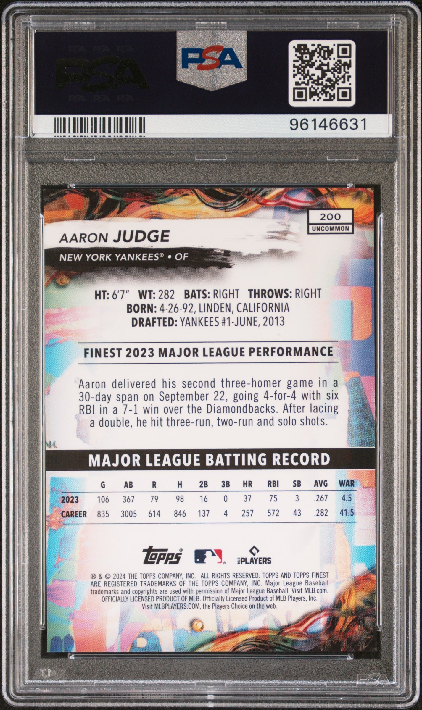 Graded 2024 Topps Finest Aaron Judge #200 Purple Refractor #/200 Baseball Card PSA 10 Gem Mint