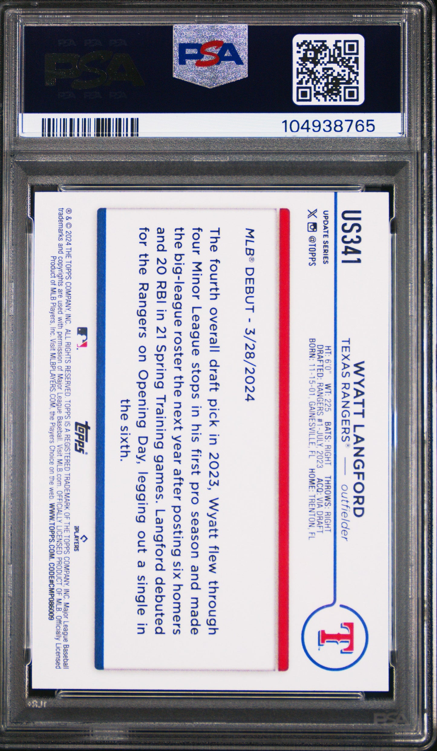 Graded 2024 Topps Update Wyatt Langford #US341 Rookie RC Baseball Card PSA 10 Gem Mint