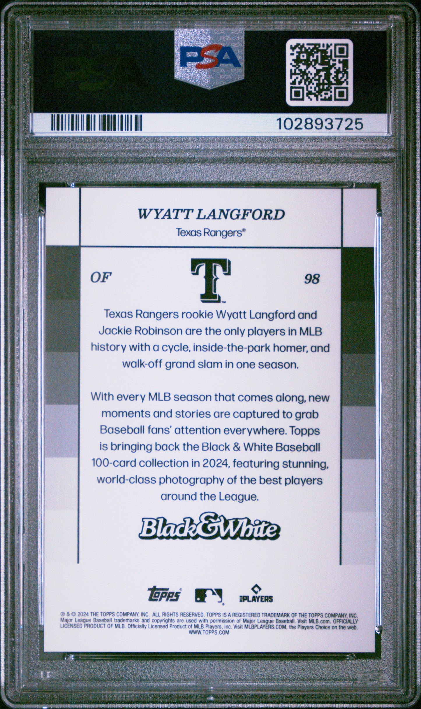 Graded 2024 Topps Black & White Wyatt Langford #98 Rookie RC Baseball Card PSA 10 Gem Mint