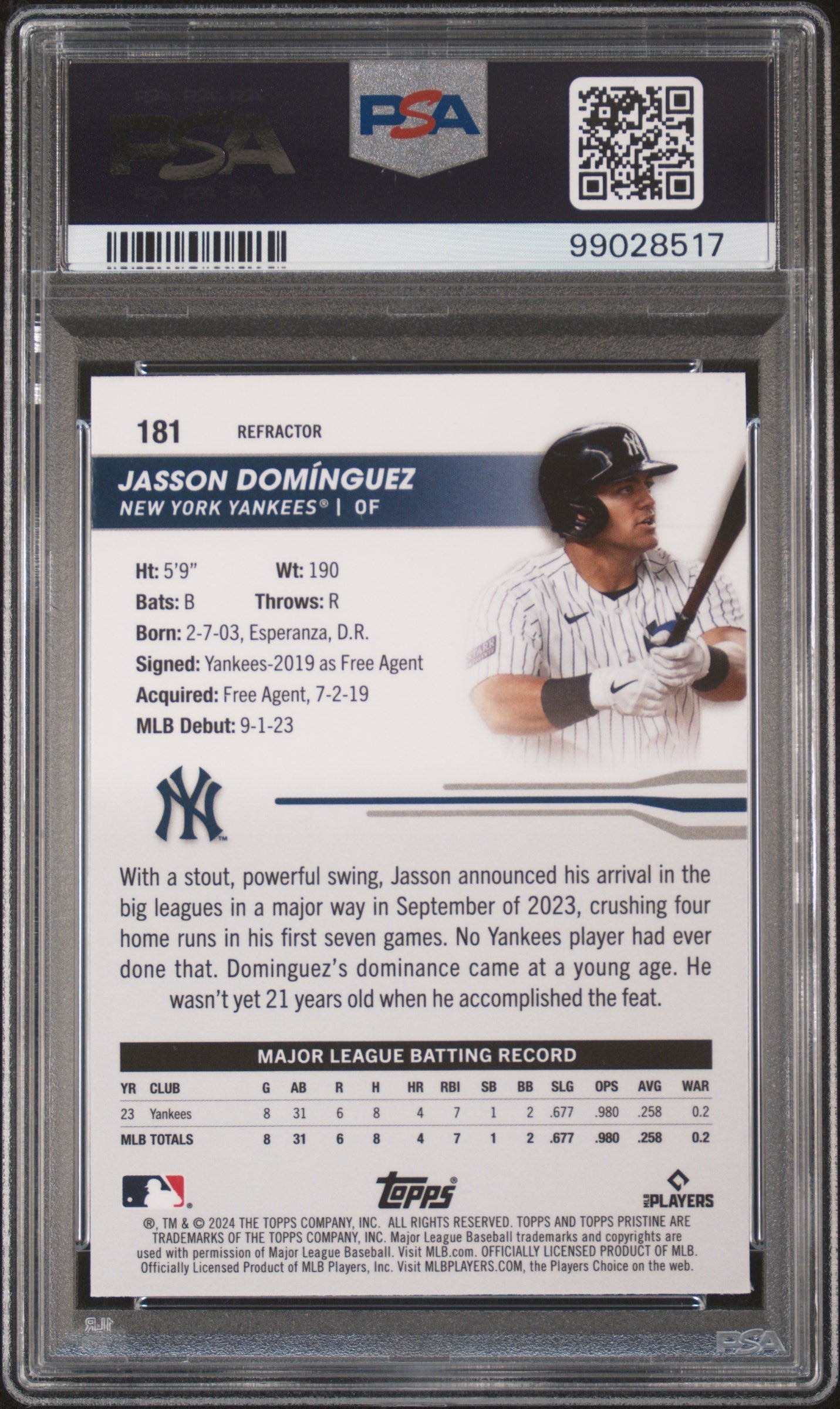 Graded 2024 Topps Pristine Jasson Dominguez #181 Refractor Rookie RC Baseball Card PSA 10 Gem Mint