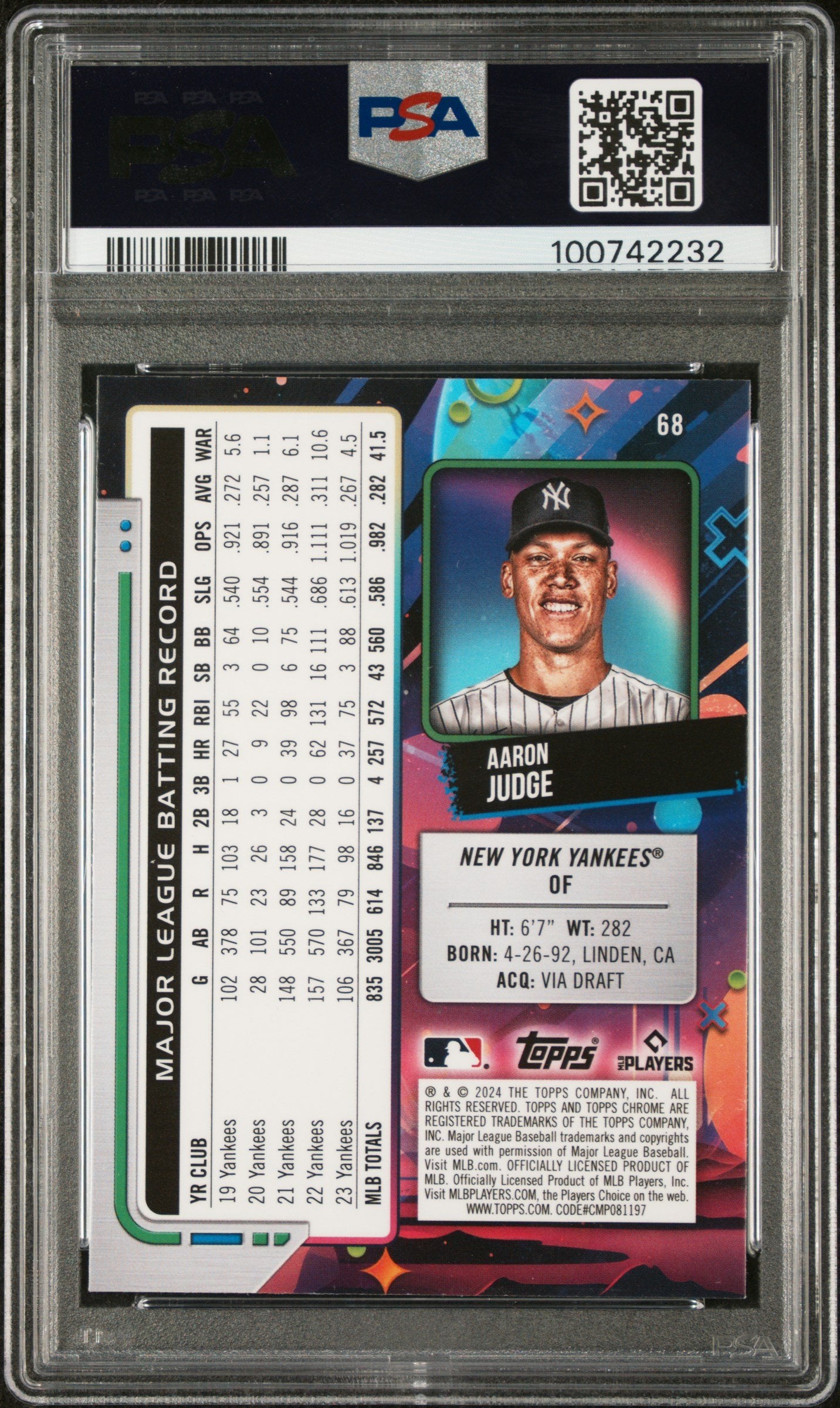 Graded 2024 Topps Chrome Cosmic Aaron Judge #68 Baseball Card PSA 10 Gem Mint