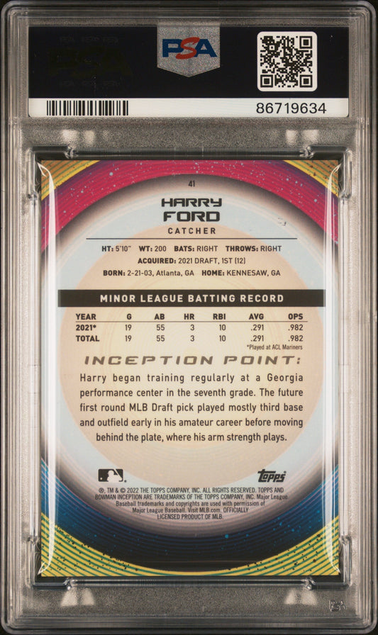 Graded 2022 Topps Bowman Inception Harry Ford #41 Rookie RC Baseball Card PSA 10 Gem Mint