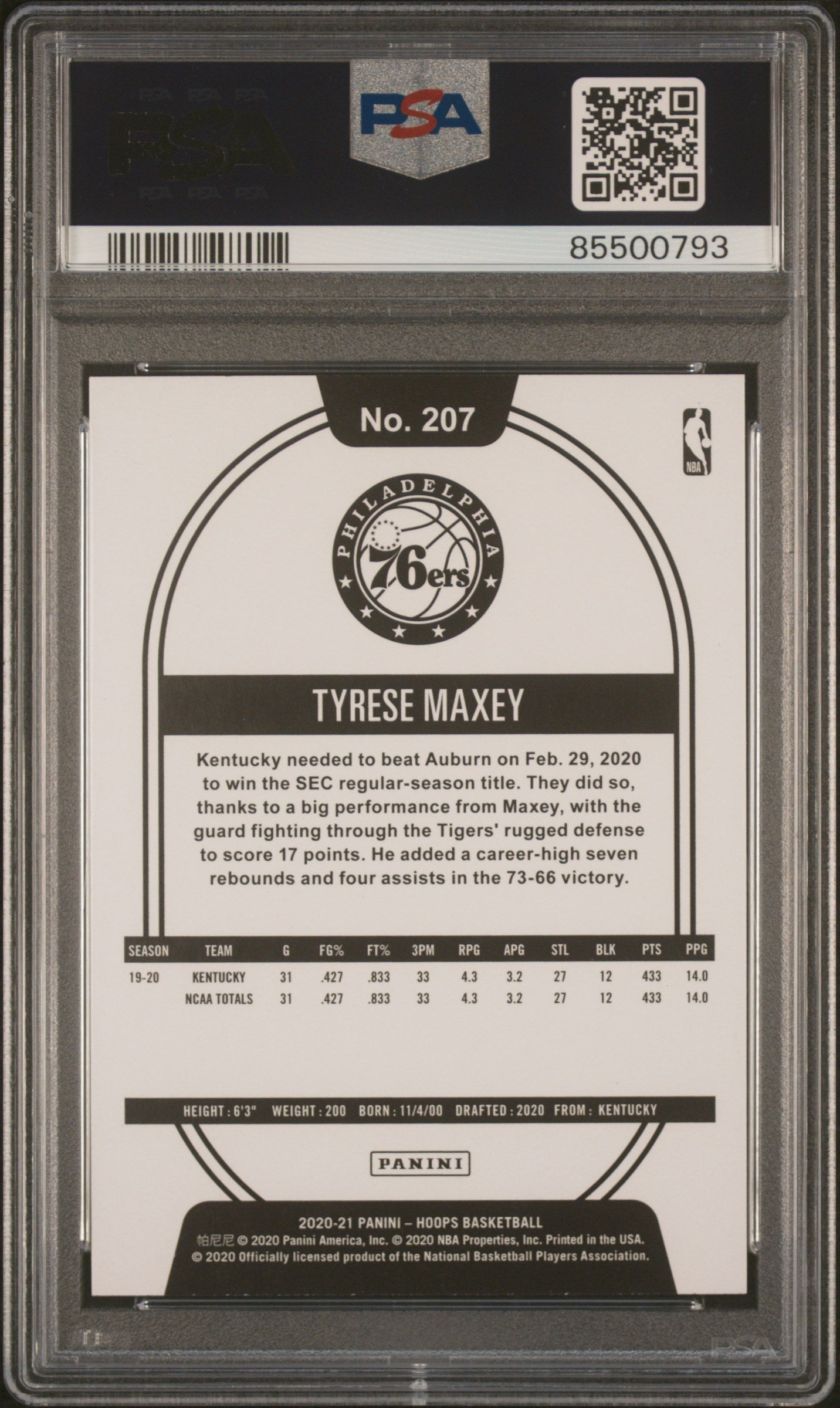 Graded 2020 Panini Hoops Tyrese Maxey #207 Purple Rookie RC Basketball Card PSA 10 Gem Mint