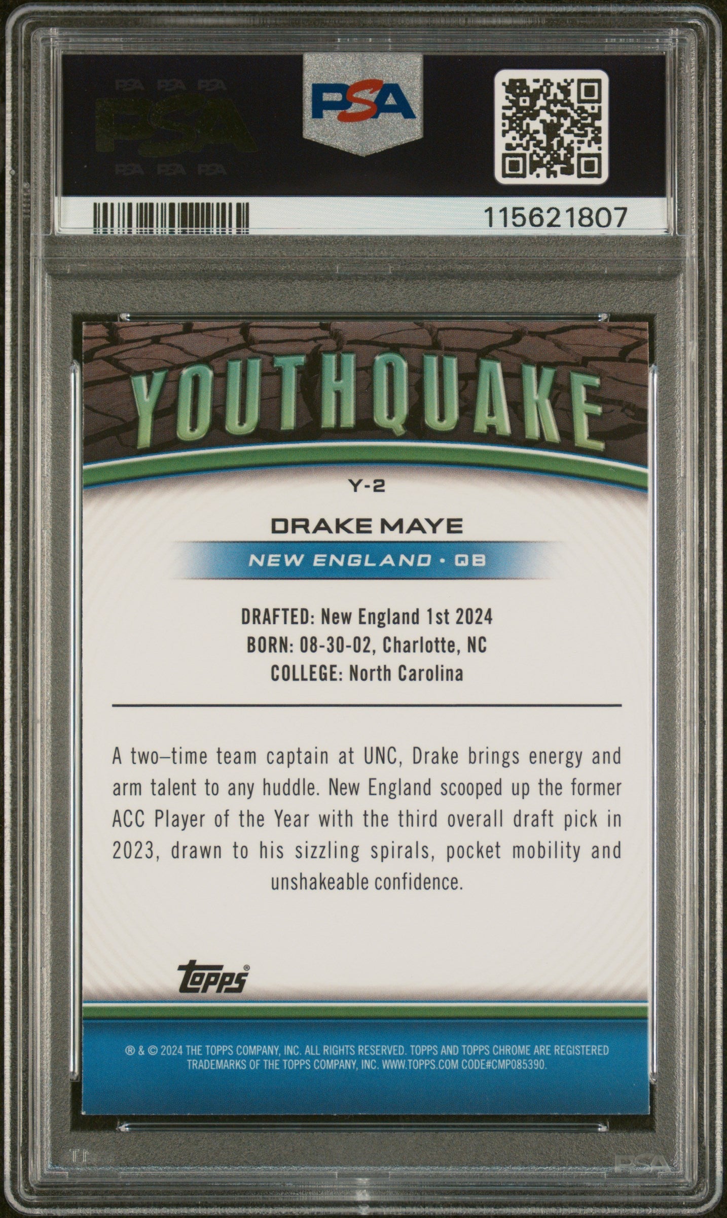 Graded 2024 Topps Chrome Drake Maye #Y2 Youthquake Rookie RC Football Card PSA 10 Gem Mint