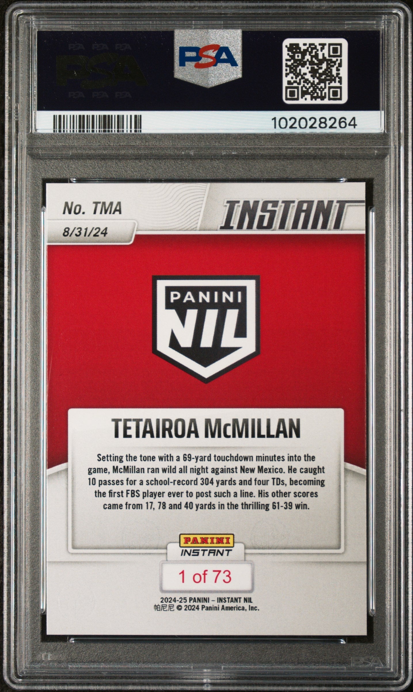 Graded 2024 Panini Instant NIL Tetairoa McMillan #TMA Rookie RC Football Card PSA 8 Near Mint