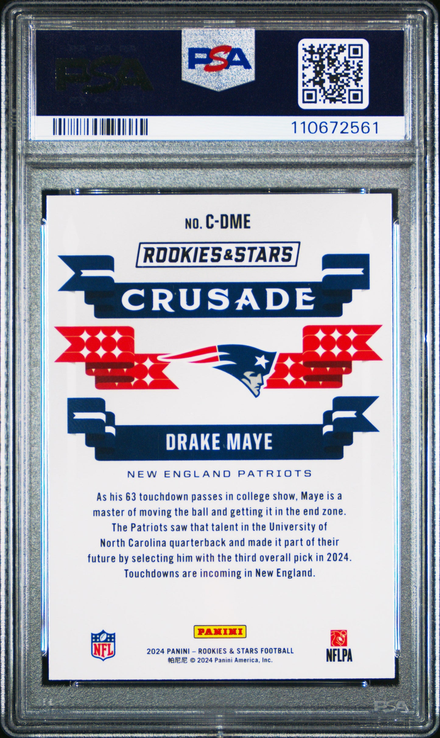 Graded 2024 Panini Rookies & Stars Drake Maye #CDME Crusade Rookie RC Football Card PSA 10 Gem Mint