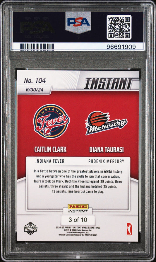 Graded 2024 Panini Instant WNBA Caitlin Clark/Diana Taurasi #104 Jaguar #/10 Basketball Card PSA 8 Near Mint
