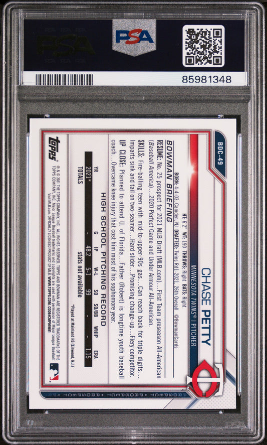 Graded 2021 Topps Bowman Draft Chase Petty #BDC49 Chrome Sapphire Edition Rookie RC Baseball Card PSA 10 Gem Mint