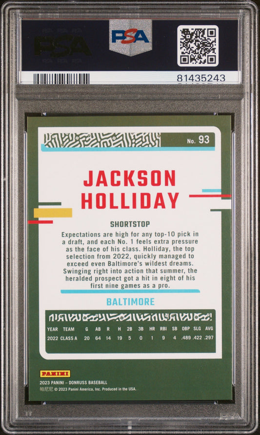 Graded 2023 Panini Donruss Jackson Holliday #93 Career Stat Line Rookie RC Baseball Card PSA 10 Gem Mint
