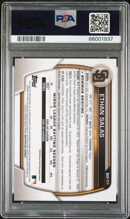 Graded 2023 Topps Bowman Chrome Ethan Salas #BCP171 Prospects Rookie RC Baseball Card PSA 10 Gem Mint