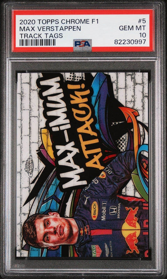 Graded 2020 Topps Chrome F1 Max Verstappen #5 Track Tags F1 Racing Card PSA 10 Gem Mint