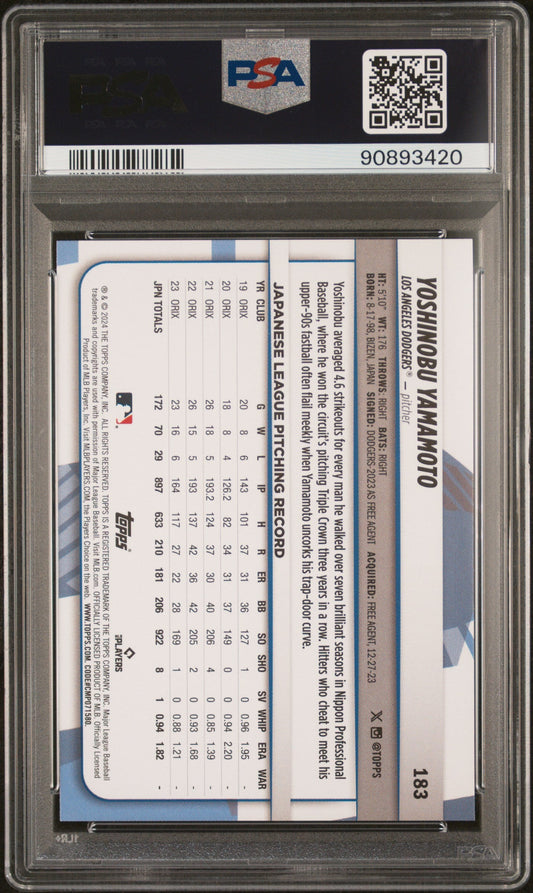 Graded 2024 Topps Big League Yoshinobu Yamamoto #183 Rookie RC Baseball Card PSA 10 Gem Mint